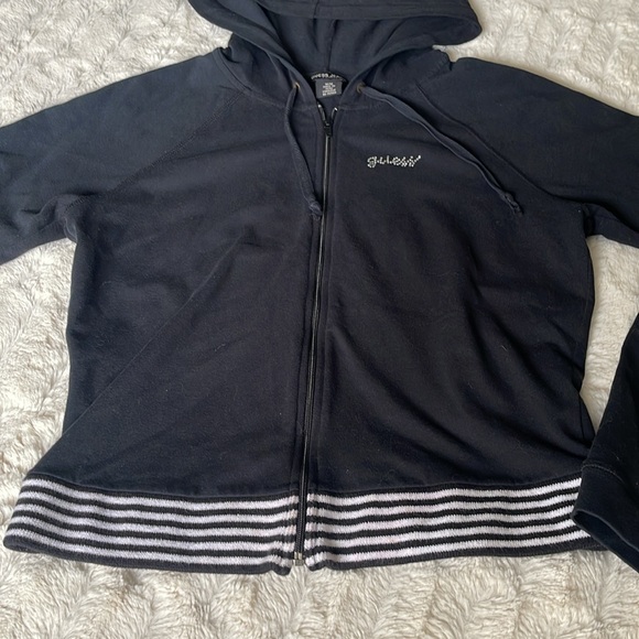 GUESS JEANS Y2K Black Zippered Hooded Jacket sweatshirt Size Medium White Stripe - Picture 5 of 11